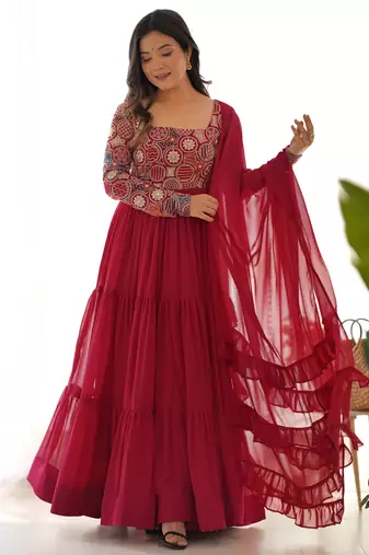 Maroon Embroidered Georgette Festive Wear Gown With Dupatta