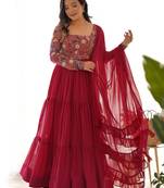 Maroon Embroidered Georgette Festive Wear Gown With Dupatta