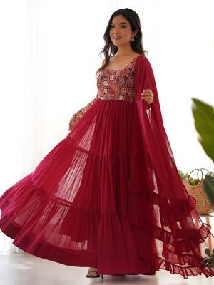 Maroon Embroidered Georgette Festive Wear Gown With Dupatta 2