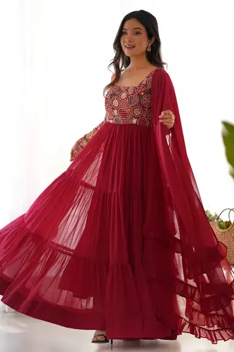 Maroon Embroidered Georgette Festive Wear Gown With Dupatta