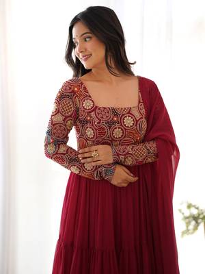 Maroon Embroidered Georgette Festive Wear Gown With Dupatta 3