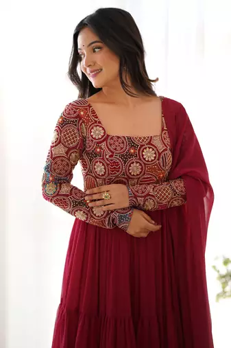 Maroon Embroidered Georgette Festive Wear Gown With Dupatta