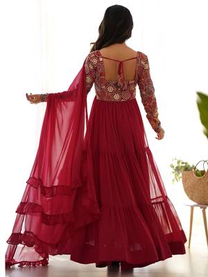 Maroon Embroidered Georgette Festive Wear Gown With Dupatta 4