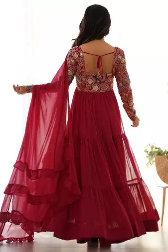 Maroon Embroidered Georgette Festive Wear Gown With Dupatta