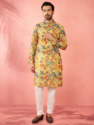 men's mustard cotton linen kurta set with cream pyjama - diwali special 1
