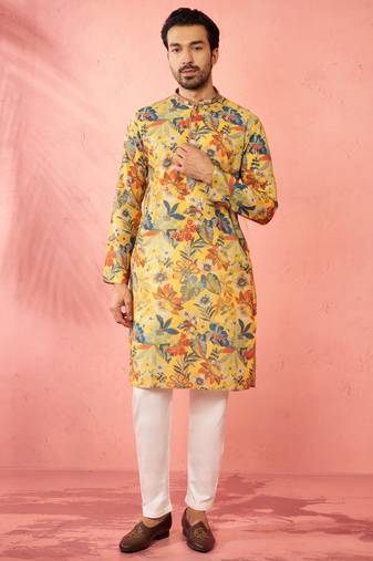 men's mustard cotton linen kurta set with cream pyjama - diwali special