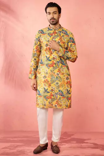 men's mustard cotton linen kurta set with cream pyjama - diwali special