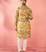 men's mustard cotton linen kurta set with cream pyjama - diwali special
