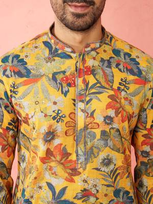 men's mustard cotton linen kurta set with cream pyjama - diwali special 2