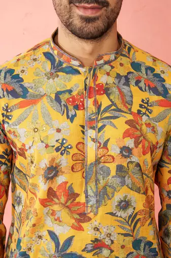 men's mustard cotton linen kurta set with cream pyjama - diwali special
