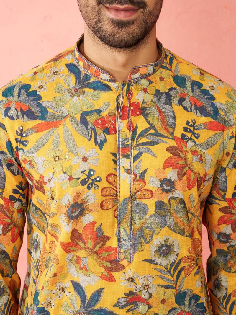 men's mustard cotton linen kurta set with cream pyjama - diwali special