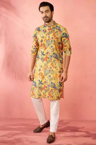 men's mustard cotton linen kurta set with cream pyjama - diwali special