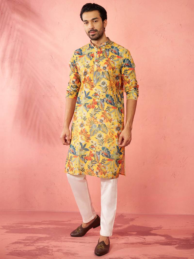 men's mustard cotton linen kurta set with cream pyjama - diwali special