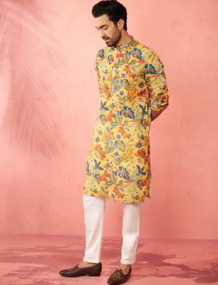 men's mustard cotton linen kurta set with cream pyjama - diwali special 4