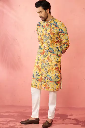 men's mustard cotton linen kurta set with cream pyjama - diwali special