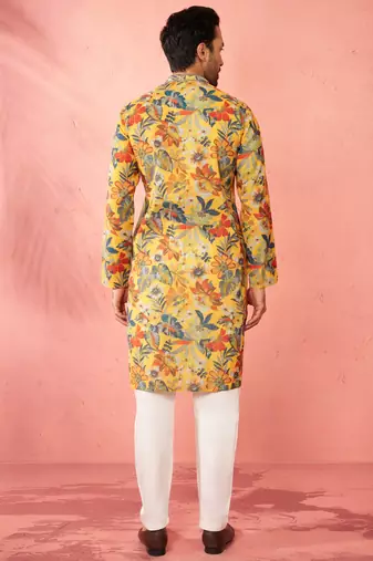 men's mustard cotton linen kurta set with cream pyjama - diwali special