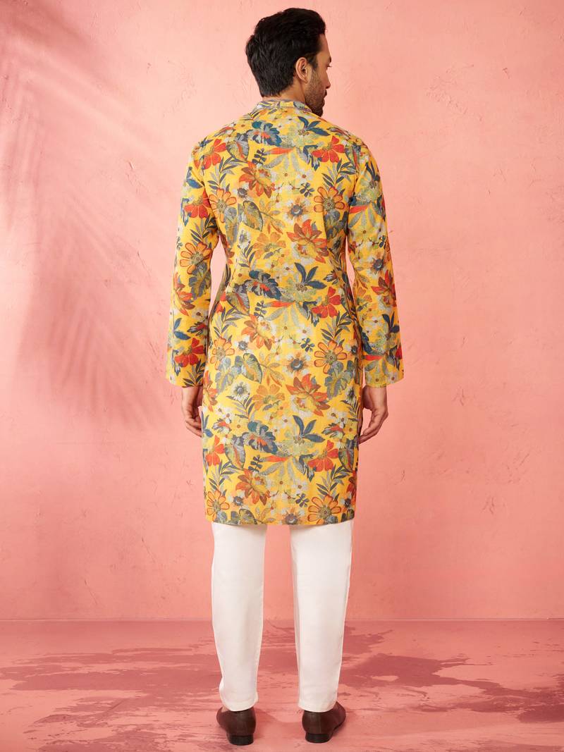 men's mustard cotton linen kurta set with cream pyjama - diwali special