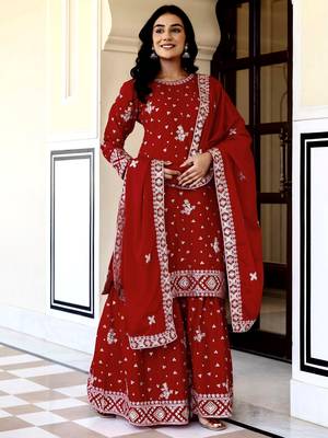Graceful Red Embroidered Chinon Silk Festive Wear Gharara Suit 1