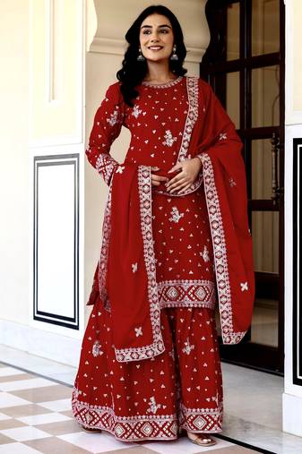 Graceful Red Embroidered Chinon Silk Festive Wear Gharara Suit