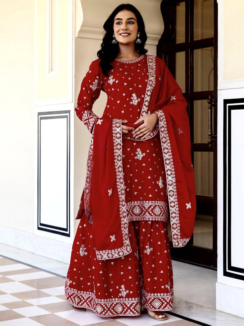 Graceful Red Embroidered Chinon Silk Festive Wear Gharara Suit