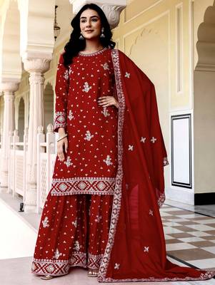 Graceful Red Embroidered Chinon Silk Festive Wear Gharara Suit 2