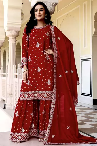 Graceful Red Embroidered Chinon Silk Festive Wear Gharara Suit