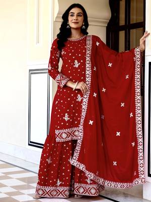 Graceful Red Embroidered Chinon Silk Festive Wear Gharara Suit 3