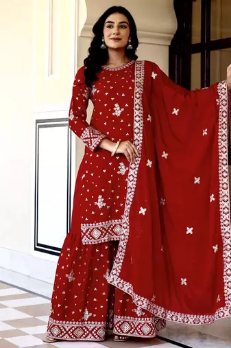Graceful Red Embroidered Chinon Silk Festive Wear Gharara Suit
