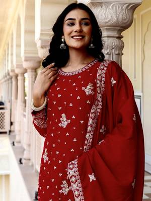 Graceful Red Embroidered Chinon Silk Festive Wear Gharara Suit 4