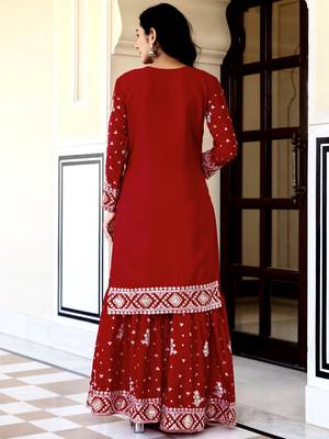 Graceful Red Embroidered Chinon Silk Festive Wear Gharara Suit 5