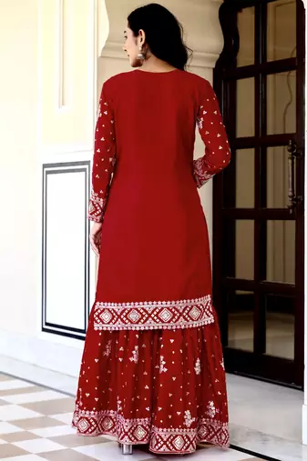 Graceful Red Embroidered Chinon Silk Festive Wear Gharara Suit