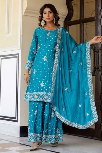 Captivating Blue Embroidered Chinon Silk Gharara Suit