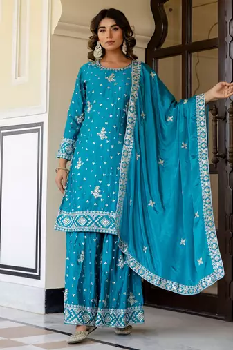 Captivating Blue Embroidered Chinon Silk Gharara Suit