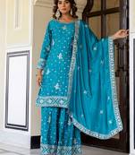 Captivating Blue Embroidered Chinon Silk Gharara Suit