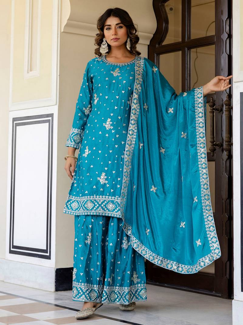 Captivating Blue Embroidered Chinon Silk Gharara Suit