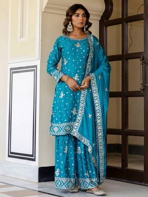 Captivating Blue Embroidered Chinon Silk Gharara Suit 2