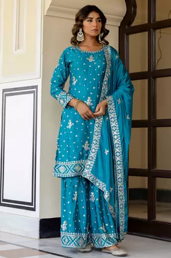 Captivating Blue Embroidered Chinon Silk Gharara Suit