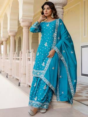Captivating Blue Embroidered Chinon Silk Gharara Suit 3