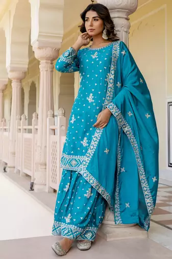 Captivating Blue Embroidered Chinon Silk Gharara Suit