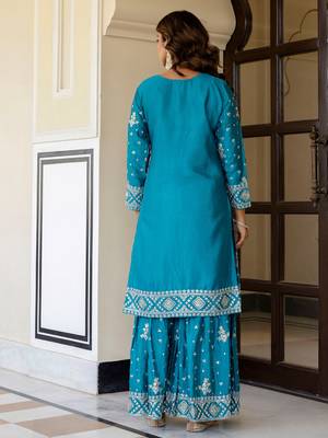 Captivating Blue Embroidered Chinon Silk Gharara Suit 4