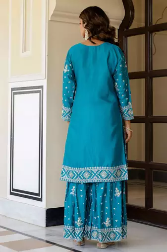Captivating Blue Embroidered Chinon Silk Gharara Suit