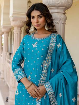 Captivating Blue Embroidered Chinon Silk Gharara Suit 5