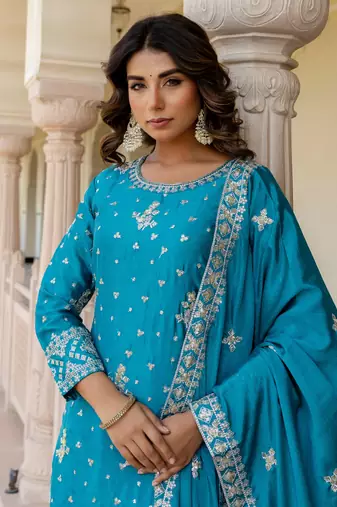 Captivating Blue Embroidered Chinon Silk Gharara Suit