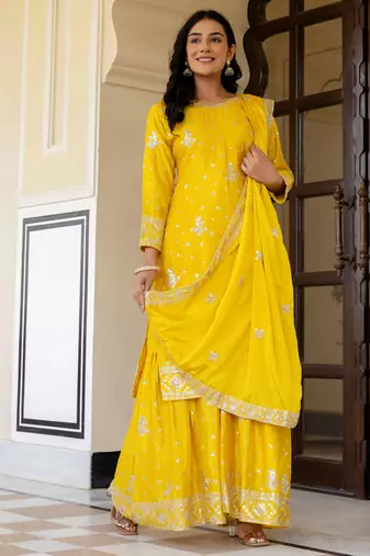 Yellow Embroidered Chinon Silk Gharara Suit