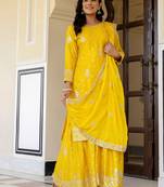 Yellow Embroidered Chinon Silk Gharara Suit