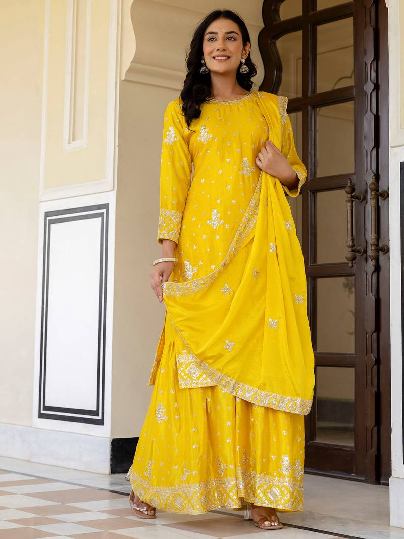 Yellow Embroidered Chinon Silk Gharara Suit