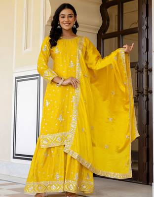 Yellow Embroidered Chinon Silk Gharara Suit 2