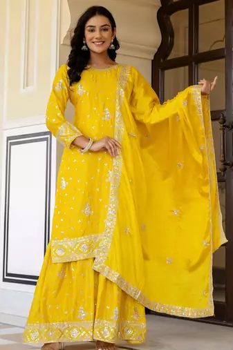 Yellow Embroidered Chinon Silk Gharara Suit