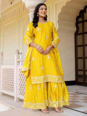 Yellow Embroidered Chinon Silk Gharara Suit 3