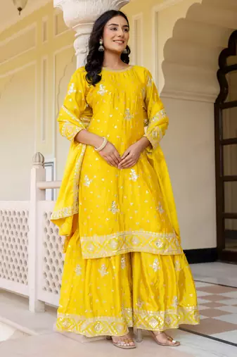 Yellow Embroidered Chinon Silk Gharara Suit